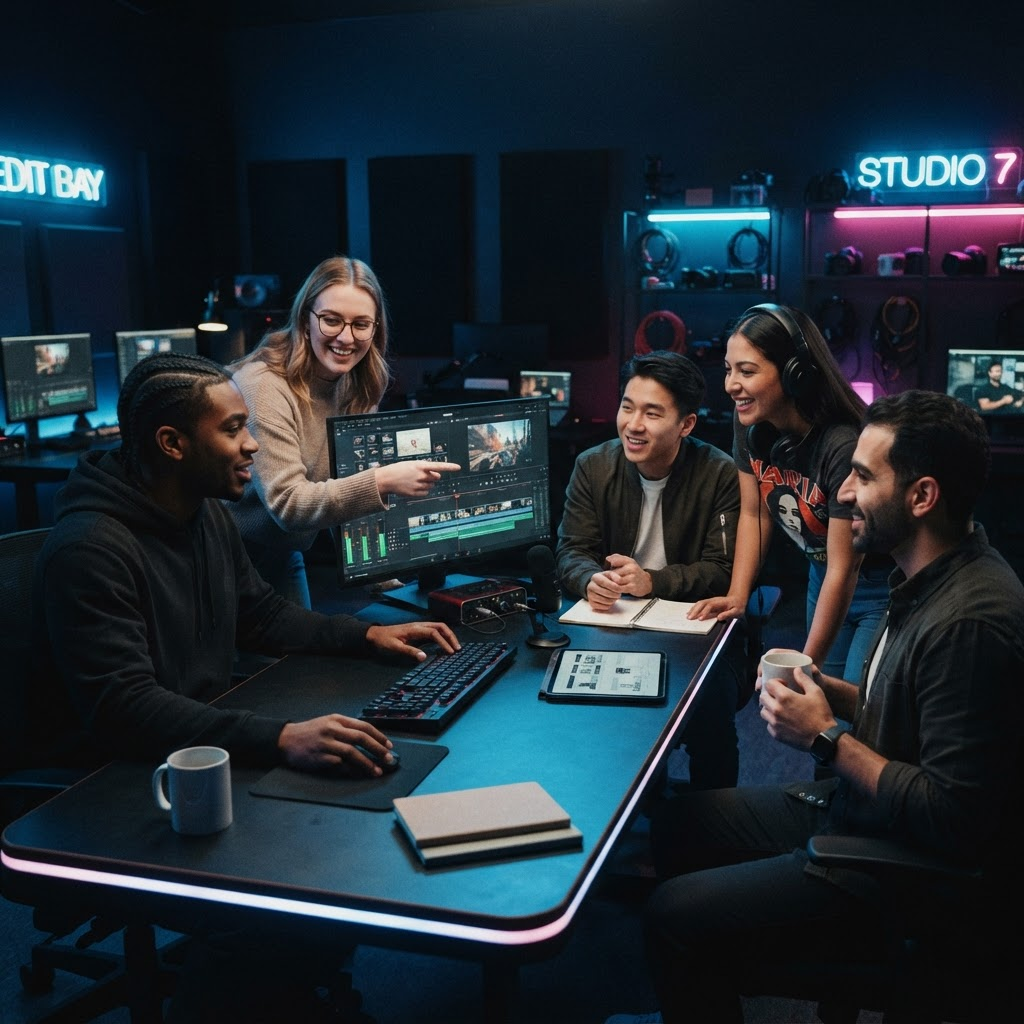 Creative content team collaborating around monitors